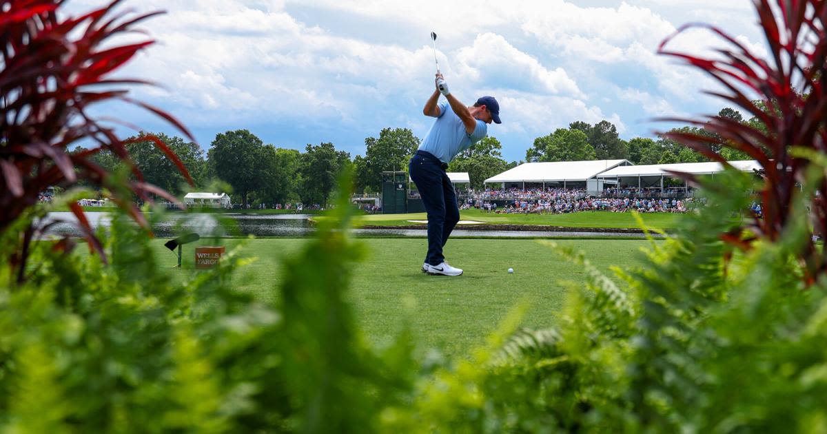 Rory McIlroy of Northern Ireland hits from the 17th tee during the second round of the...Championship at Quail Hollow Country Club on Friday, May 10...