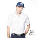 【Lynx Golf】男款雙絲光純棉羅紋領條紋滿版小山貓印花胸袋款短袖POLO衫/高爾夫球衫-白色