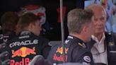 Christian Horner shakes head during Helmut Marko talks in Red Bull garage