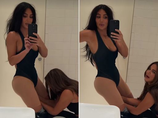 Kim Kardashian Shares Hilarious Video of Sister Khloé Fastening Her Bodysuit in Bathroom: ‘Things I Find in My Phone’