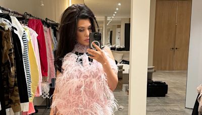 Kourtney Kardashian Shows Off Legs in Feathered Underwear and Matching Top