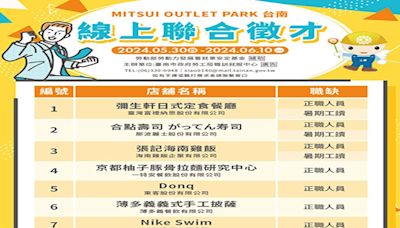 MITSUI OUTLET PARK 台南線上徵才 即日起至6月10日 | 蕃新聞