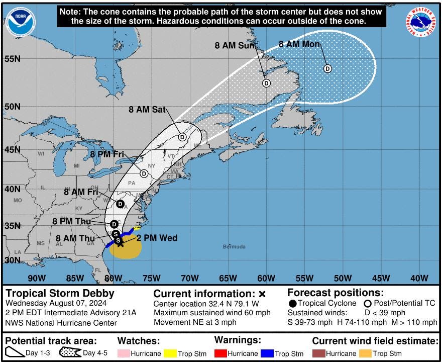 Tropical Storm Debby's path moves west again. Here's what it means for Delaware