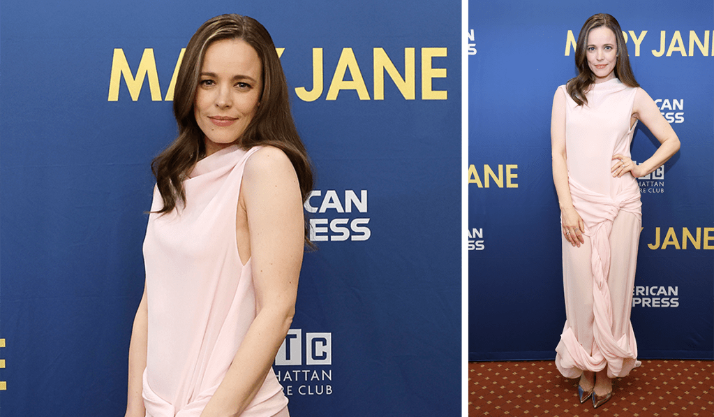 Rachel McAdams Makes an Ethereal Arrival in Pink Twisted Knot Dress for ‘Mary Jane’ Broadway Debut