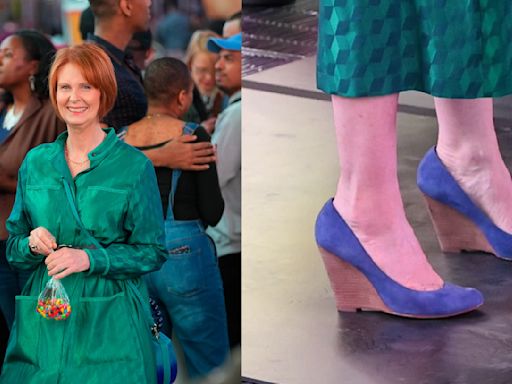 Cynthia Nixon Films ‘And Just Like That’ in Flirty Blue Suede Wedges with Rosie O’Donnell in New York