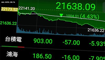 台股遭血洗重摔千點 台積電陷900元保衛戰