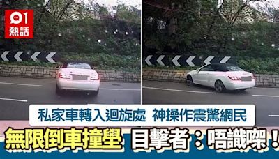 私家車出迴旋處撞壆 無限倒車片瘋傳 目擊者笑：條仔有冇牌㗎？