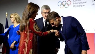 Nita Ambani receives a warm welcome from French President Emmanuel Macron at 2024 Paris Olympics event