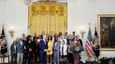 U.S. President Joe Biden and Vice President Kamala Harris welcome the Las Vegas Aces to celebrate their...