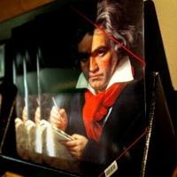 A picture of German composer Ludwig van Beethoven in the gift shop of the Beethoven House museum in Baden near Vienna where he spent his summers