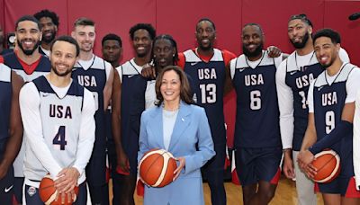 Kamala Harris tells U.S. Olympics basketball team on training camp visit: "Bring back gold"