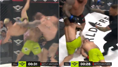 Video: Strongman Eddie Hall launches opponent airborne, then clocks him cold in wild 2-on-1 fight