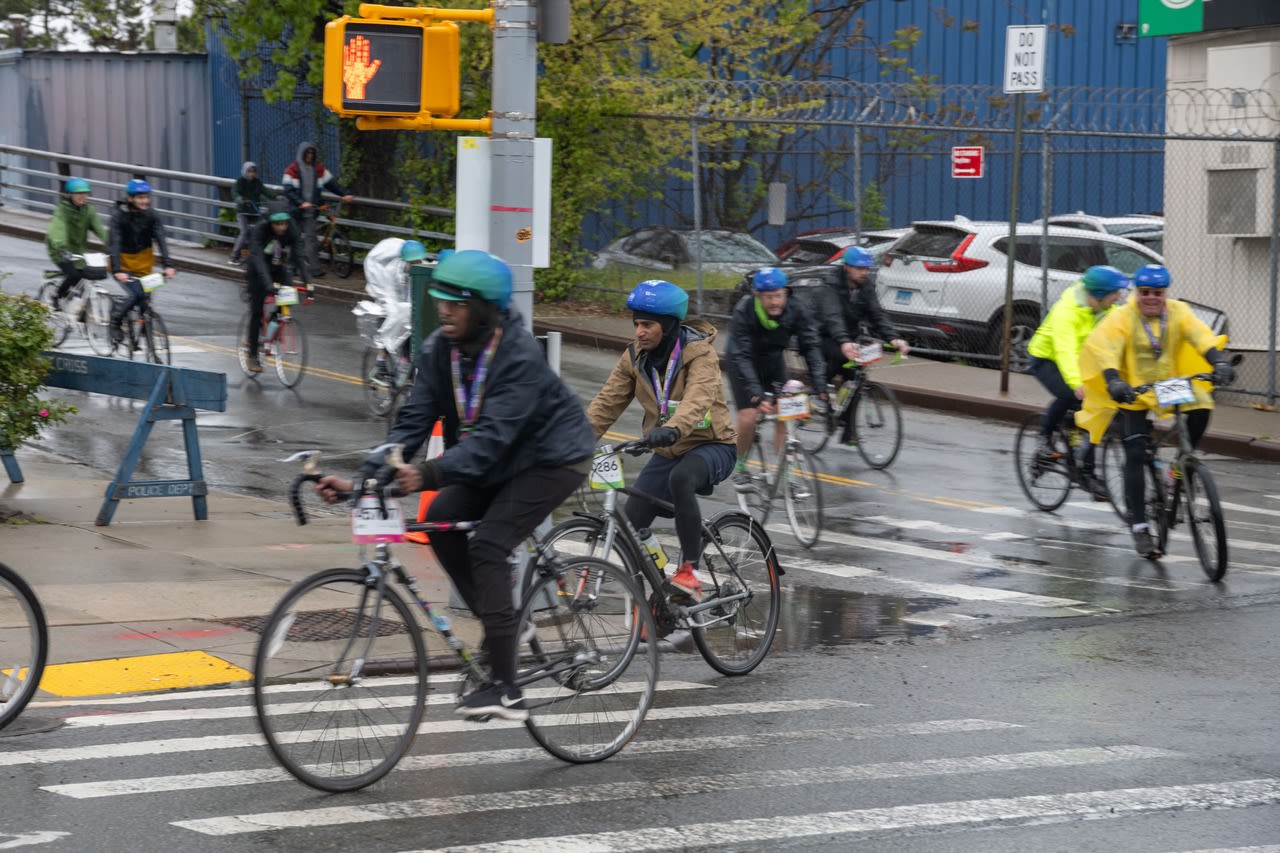 NYC Five Boro Bike Tour 2024: Cyclists ride through cold and rain to cross the finish line