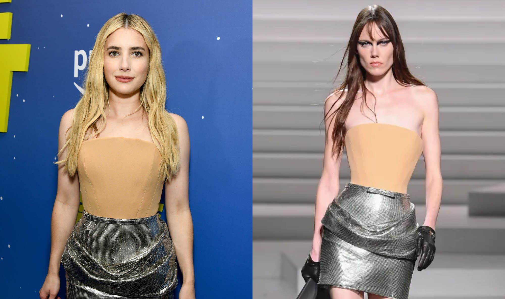 Emma Roberts Embraces Contrasting Fabrics in Strapless Versace Look for ‘Space Cadet’ Premiere
