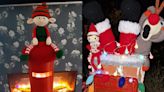 Crocheted ‘cheeky’ elves and Santa in a chimney adorn postboxes