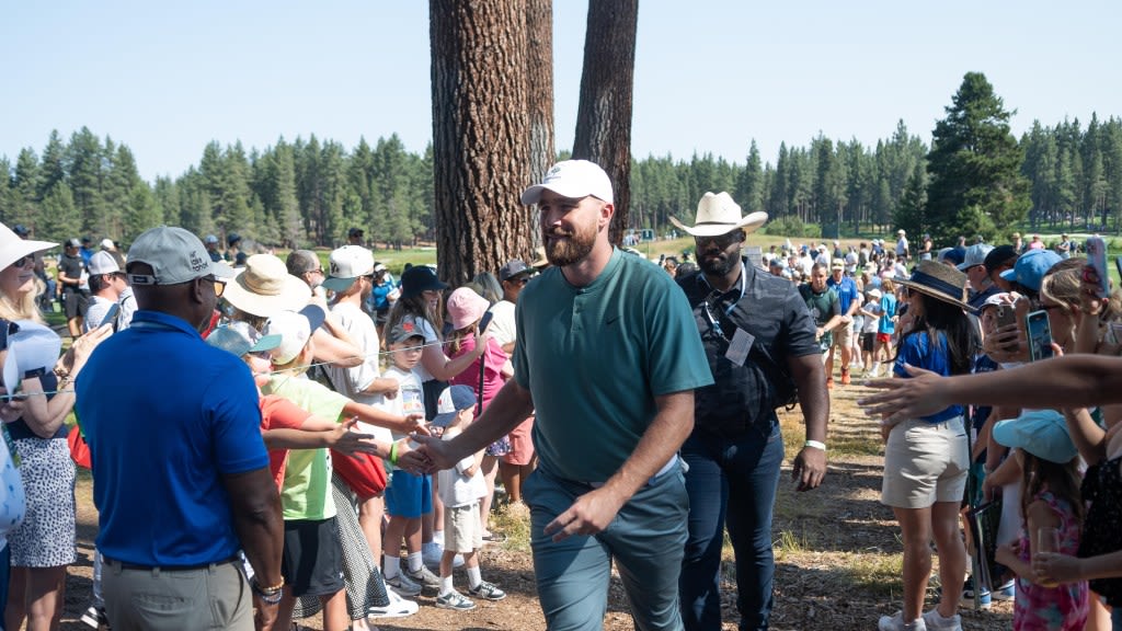 Travis Kelce delightfully kissed a man's arm after he hit the guy with a golf shot in Lake Tahoe