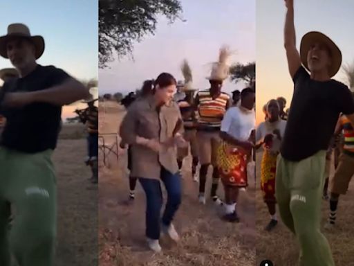 Akshay Kumar, Twinkle Khanna perform African dance with local group, latter asks who did it better. Watch