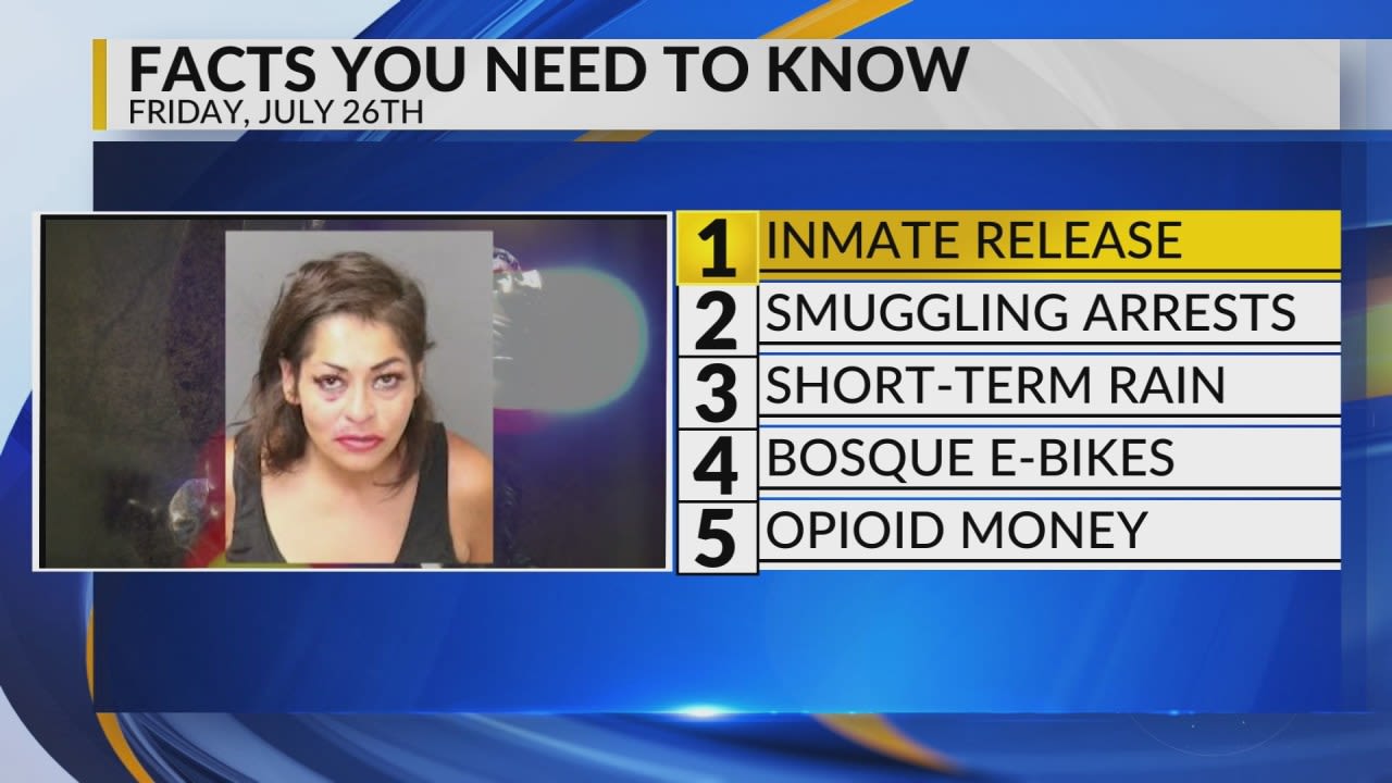 KRQE Newsfeed: Accidental inmate release, Human smuggling indictments, Short term rain, Bosque e-bikes, Bernalillo County opioid settlement money