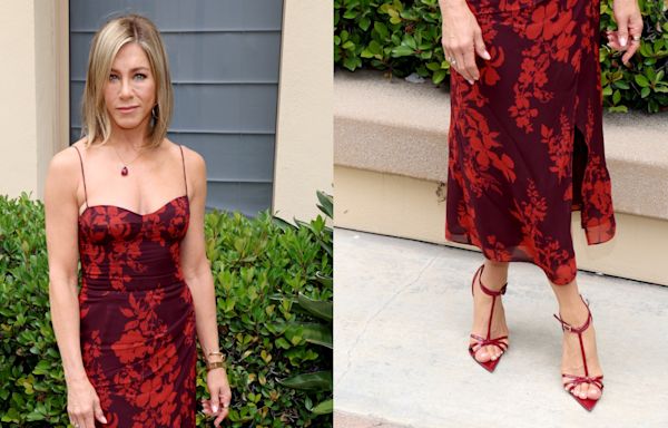 Jennifer Aniston Blossoms in Floral Reformation Dress and Strappy Sandals at ‘The Morning Show’ FYC Event