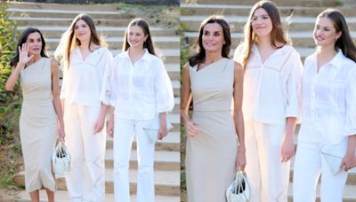 Queen Letizia of Spain Coordinates in Mango Dress With Daughters Princess Leonor and Princess Sofía for Girona Awards in Barcelona