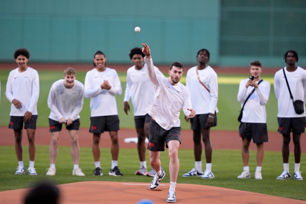 UConn’s Alex Karaban throws a strike before Red Sox host Yankees at Fenway Park