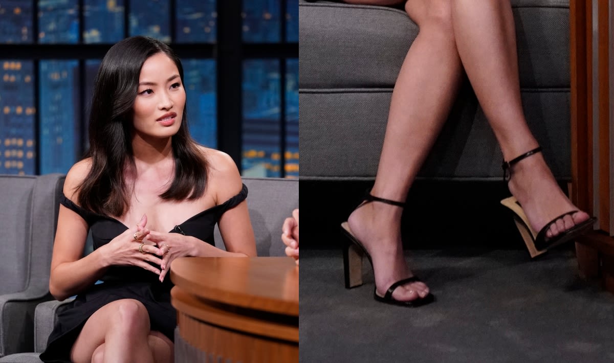 Anna Sawai Talks ‘Shōgun’ Emmy Nomination in Geometric Black Sandal Heels on ‘Late Night With Seth Meyers’
