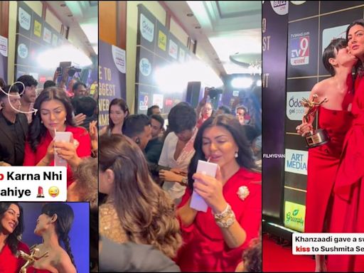 "What happened to her face?:" Fans react to Sushmita Sen applying lip gloss, hugging Kajol at digital awards