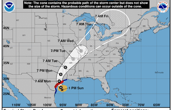 Tropical Storm Beryl is on a path to hit the Texas coast as a hurricane Monday