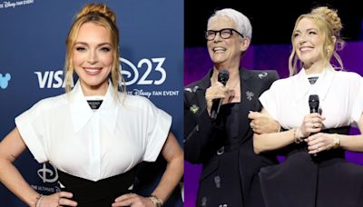 Lindsay Lohan Puts Avant-garde Spin on Workwear in Balmain Minidress at D23 with Jamie Lee Curtis to Promote ‘Freaky Friday’ Sequel