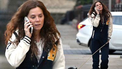 Anna Friel chats on the phone while enjoying a stroll in Liverpool