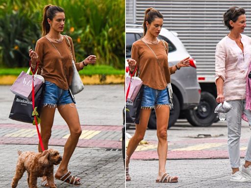 De férias no Brasil, Alessandra Ambrosio passeia com cachorro