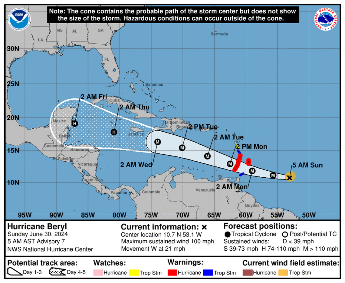 Hurricane Beryl’s winds touch 100 mph, with forecasters saying it will reach Cat 4 status