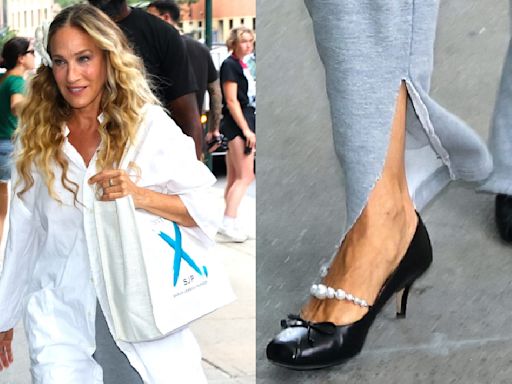 Sarah Jessica Parker Pairs Sweatpants With Whimsical Kitten Heels on Set of ‘And Just Like That’