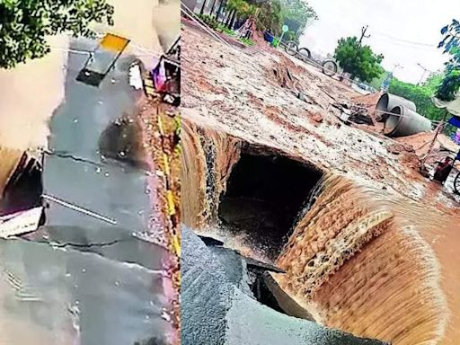 Watch: Road caves-in on outskirts of Ahmedabad after heavy rainfall | Ahmedabad News - Times of India