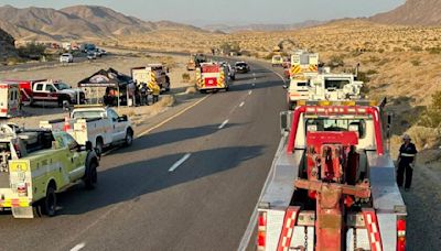 Hazmat cleanup of fiery wreck with ion batteries closes the 15 to Las Vegas, jamming freeways