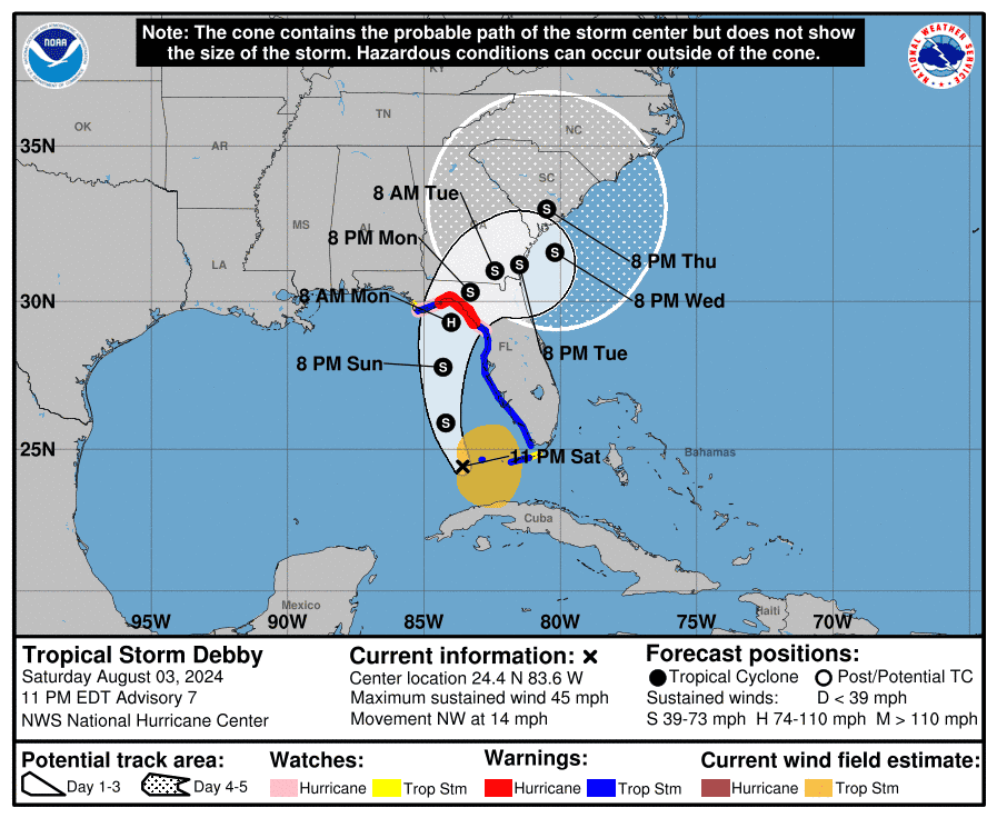 Tropical Storm Debby expected to become a hurricane before it reaches Big Bend Sunday