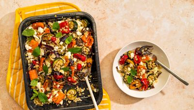 Roasted Mediterranean vegetables with feta and warm grains recipe