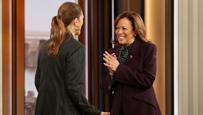 Kamala Harris Gives Power Suit Playful Details With Polka-dot Pussy-bow Blouse for ‘The Drew Barrymore Show’