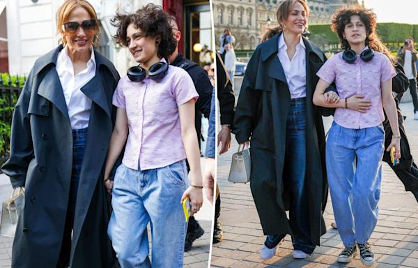 Jennifer Lopez and her child Emme, 16, hold hands at Louvre Museum during Paris trip
