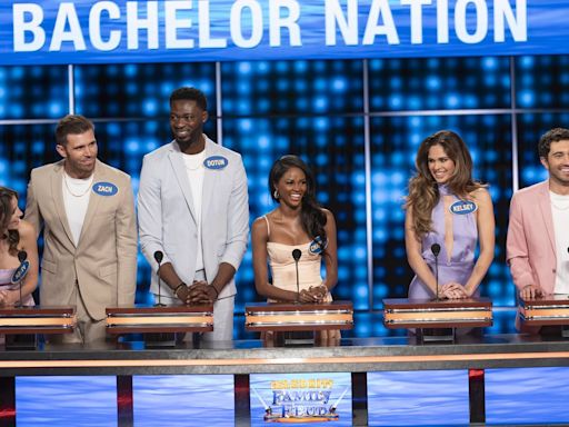 'Bachelor' star Joey Graziadei competes on 'Celebrity Family Feud' team with his fiancée and his ex