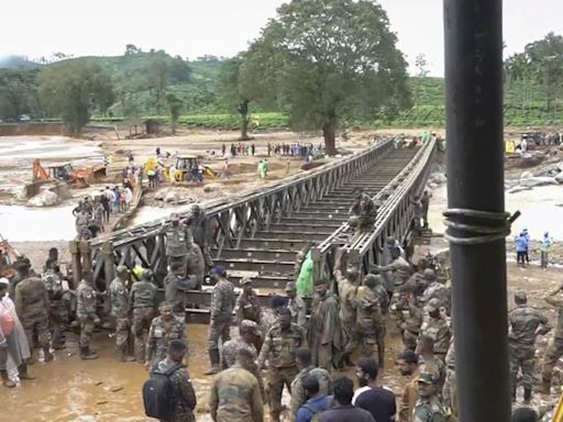 Indian Army build metal bridge to marooned area in Wayanad landslides