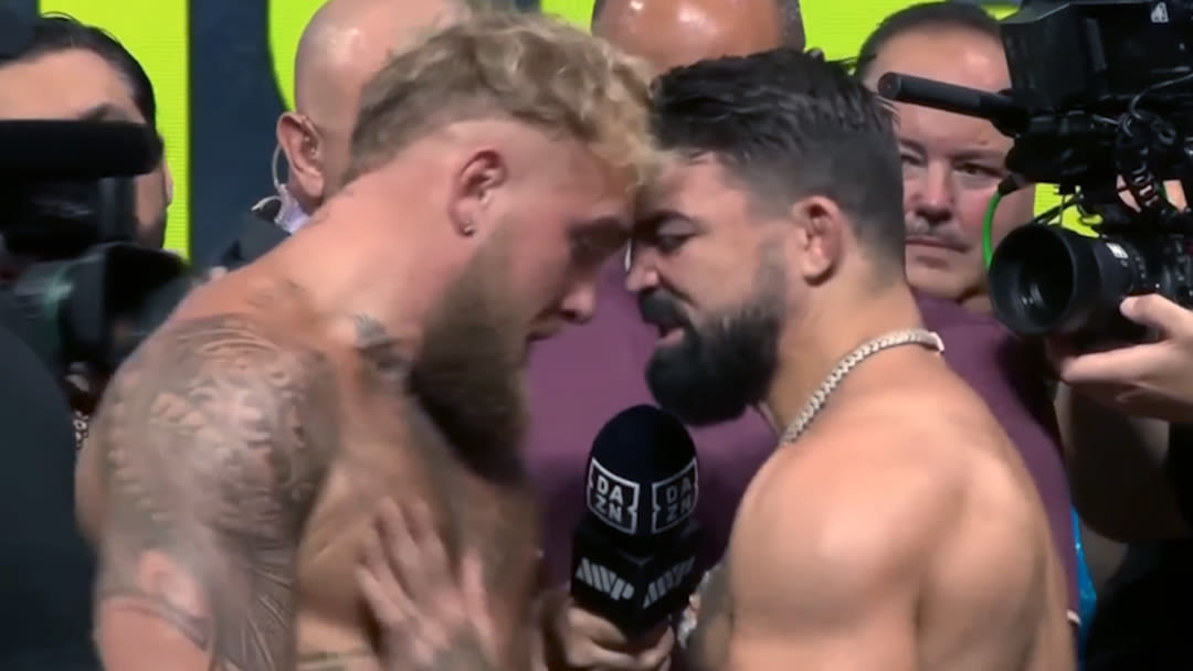 Video: Jake Paul, Mike Perry shove each other after heated faceoff at ceremonial weigh-ins
