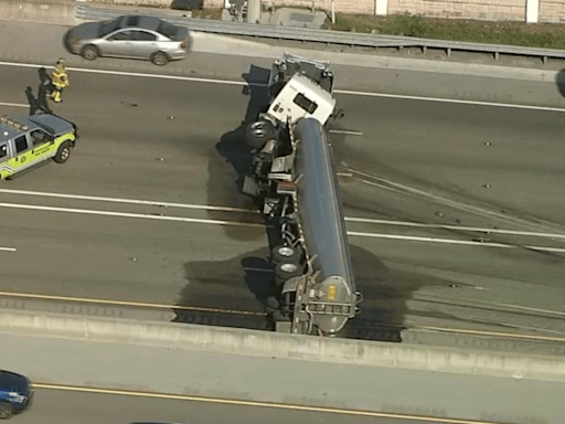 Video shows moment tanker truck rolled over, halted traffic on Turnpike in SW Miami-Dade