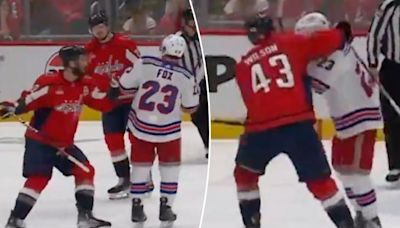 Capitals’ Tom Wilson bizarrely goes at Rangers’ Adam Fox during goal celebration