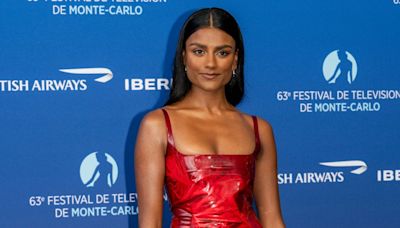 Simone Ashley Goes Risqué in a Red Latex Dress and See-Through Stilettos