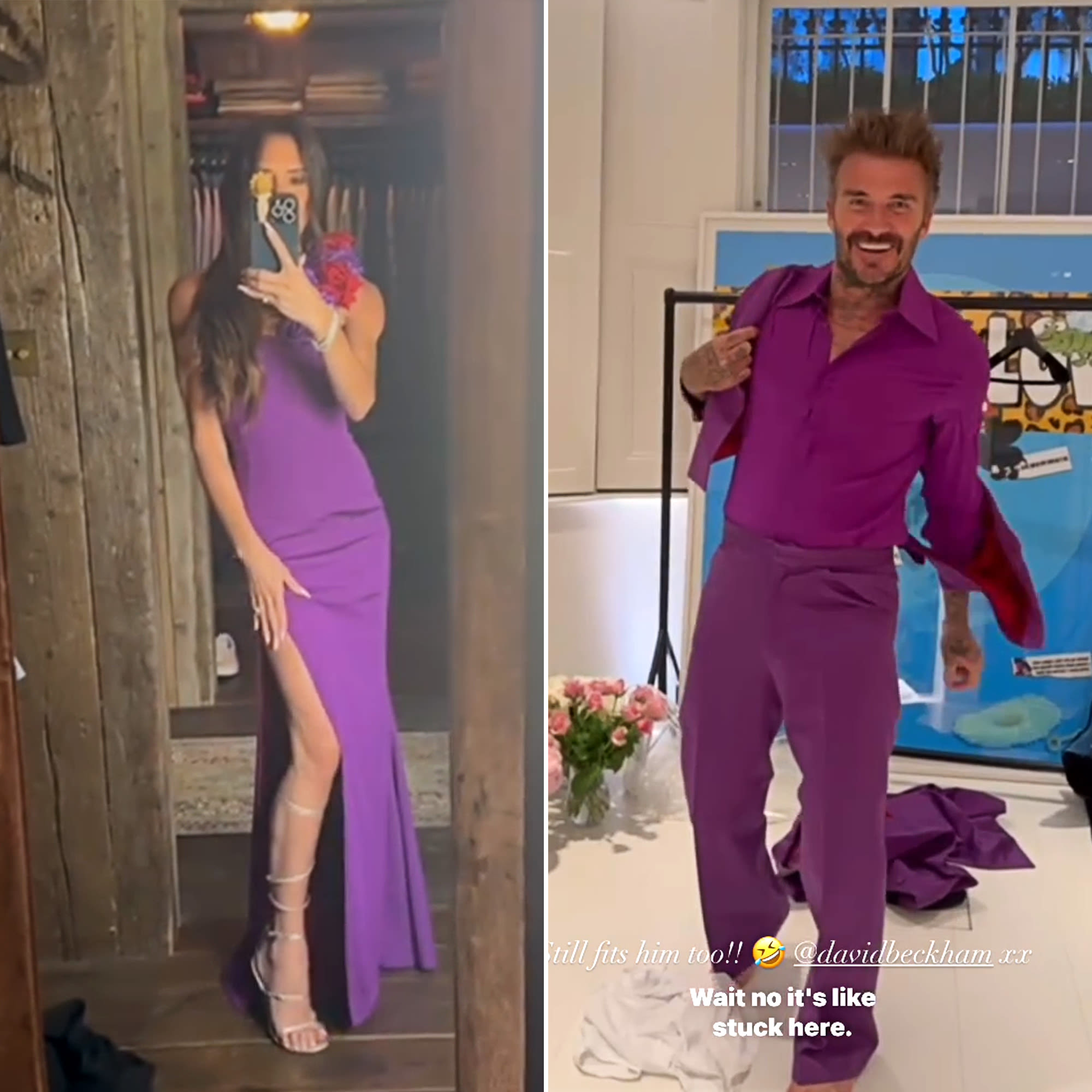 David and Victoria Beckham Rewear Iconic Purple Wedding Outfits for 25th Anniversary: ‘It Fits’