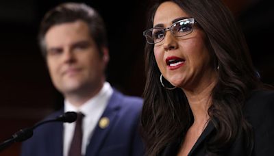 Lauren Boebert speaks at a press conference on President Trump's involvement with January 6 at the U.S. Capitol on Feb. 6, 2024, in Washington, DC.