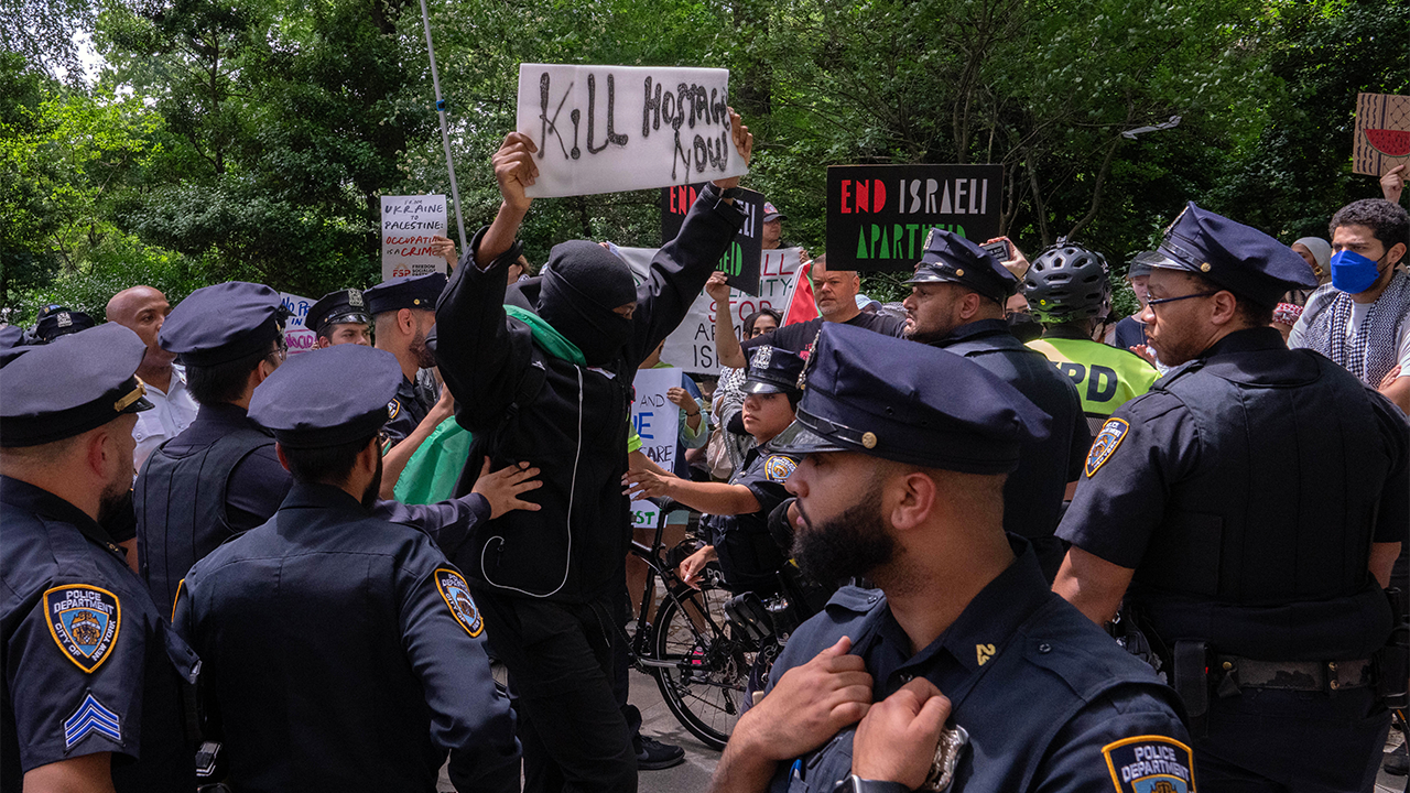 Masked protester hoists ‘Kill Hostages Now’ sign during Israel Day parade in NYC