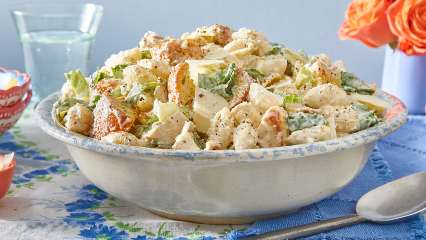 Chicken Caesar Pasta Salad Is Tossed in a Homemade Dressing