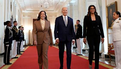 U.S. President Joe Biden, with Vice President Kamala Harris and Nikki Fargas, president of Las Vegas Aces, arrive to welcome the Las Vegas Aces to celebrate their record-breaking season and victory in the 2023 WNBA Finals...